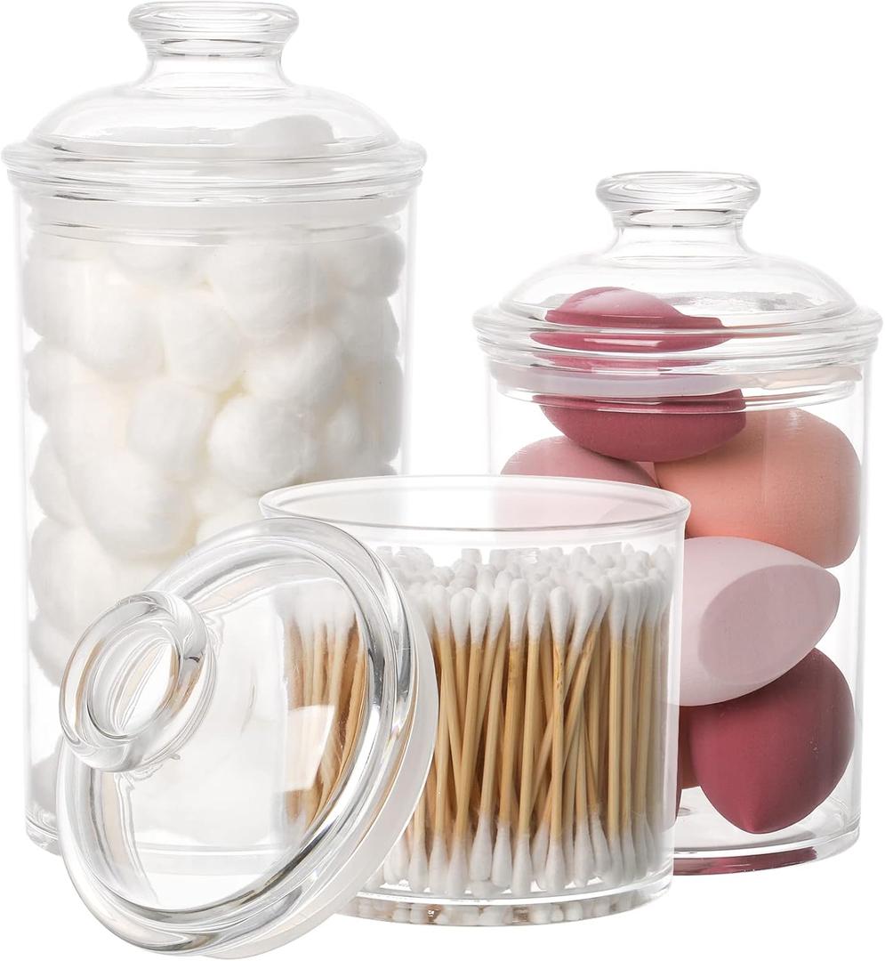 Lyellfe Set of 3 Acrylic Apothecary Jars, Vanity Organizer Canister with Airtight Lids, Bathroom Qtip Holder, Clear Storage Jar for Candy, Bath Salt, Cotton Ball, Cotton Swab, 34 oz, 25 oz, 17 oz