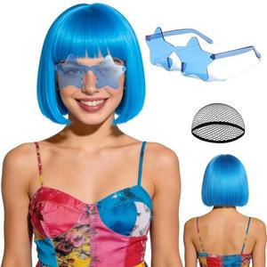 rookea Blue Bob Wig Star Sunglasses Hair Cap Pack for Women, Neon Colored Bob Wigs Party Fancy Hairpieces for Birthday Bachelor Princess Christmas Party Music Festival Stage Photography Fashion Show