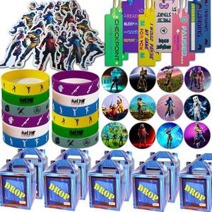 Gaming Party Supplies Set - 64 Pack Video Game Birthday gifts set, 10 Gaming Themed Gift Boxes, 10 Bookmarks, 10 Badges, 10 Bracelets & 24 Stickers Decoration
