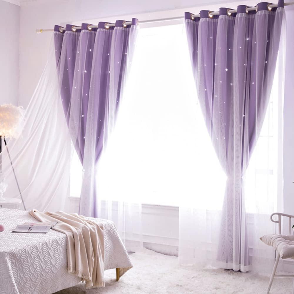 TONGCAN 
Purple Star Curtains for Girls Bedroom Double Layer Star Cut Out Curtains for Living Room 2 Panels Set 63 Inch Hollow Out Blackout Curtains for Nursery (Purple, 2 Panels W52 X L63 Inches)