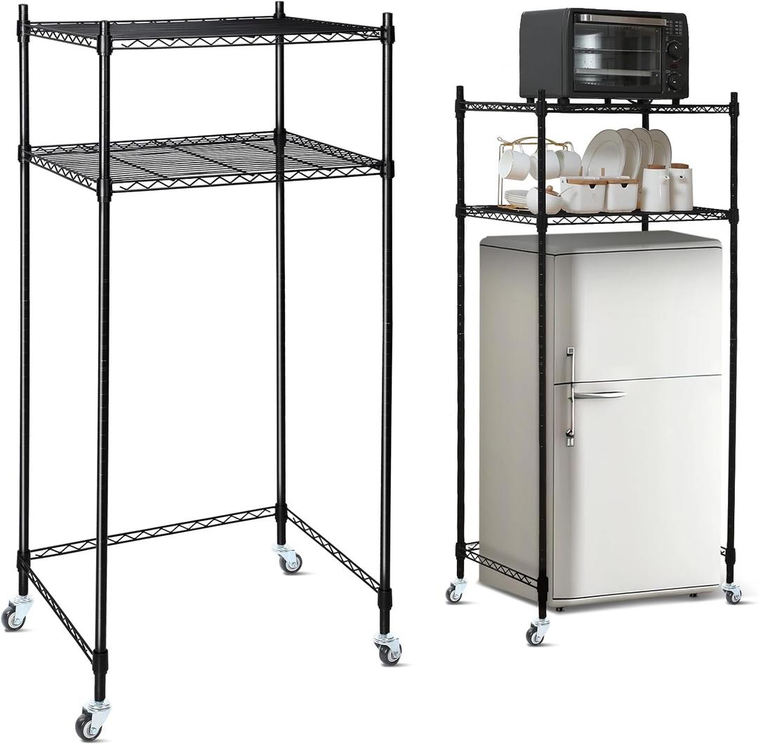 Tandefio 2 Tier Mini Fridge Stand with Storage for Dorm Microwave Stand Over Mini Fridge Storage Shelf with Wheels Adjustable Height Organizer for Kitchen College Rooms Pantry(Black), 23.6 inches x 17.7 inches x 51.91 inches