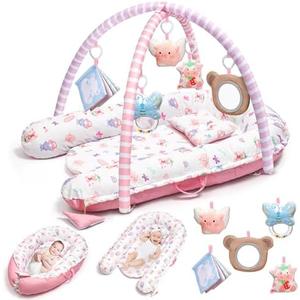 Pink Baby Play Mat, 7-in-1 Infant Gym Mat for Sensory and Motor Development, Washable & Portable Newborn Tummy Time Activity Mat for Home & Travel, Babies Gift for 0-3-6-9-12-18 Months