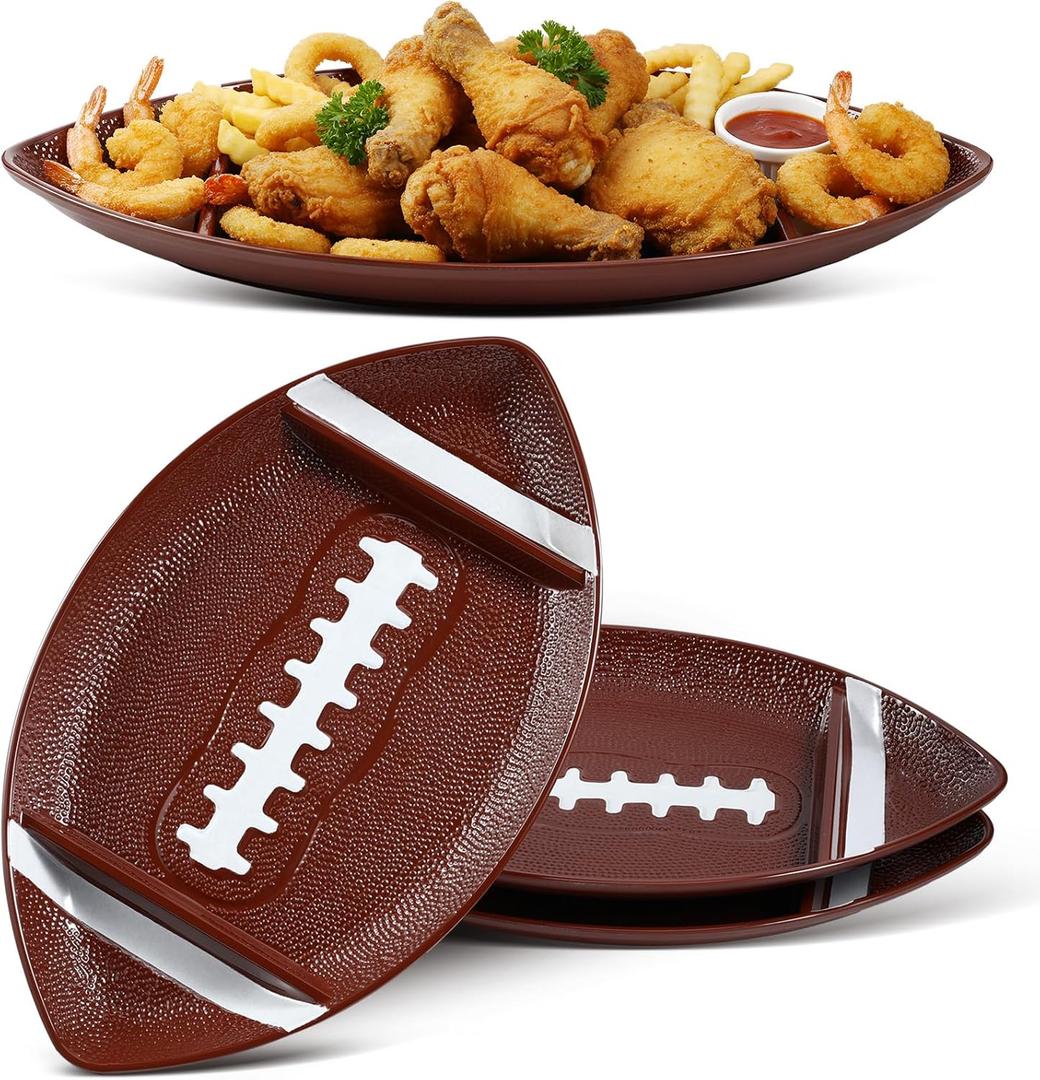 FoldTier 3 Pcs Football Serving Trays, Large Reusable Football Snack Trays, Includes 2 Dip Sections, Game Day Serveware, Tailgate Party Serving Platter, Sports Party Decorations, Chip and Dip Bowls