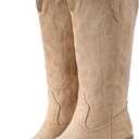 IUV Suede Cowboy Boots For Women Chunky Heel Pointed Toe Cowgirl Boots Mid Calf Western Embroidery Boots, Size:6.5