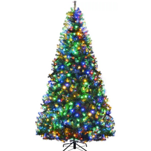 Goplus 8FT Pre-Lit Artificial Christmas Tree Auto-Spread/Close up Branches 11 Flash Modes with Multicolored 750 LED Lights & Metal Stand