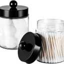 Amolliar Apothecary Jars Bathroom Vanity Storage Organizer Set -Countertop Canister Plastic Acrylic Jar - Farmhouse Decor Qtip Holder for Cotton Swabs,Makeup Sponges,Flossers,Paper Clips -Black(2)