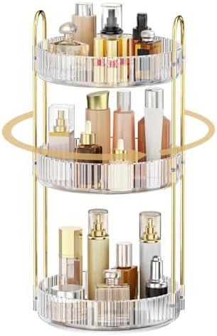 MOKANI 360 Rotating Makeup Organizer for Vanity, 3 Tier Adjustable Perfume Organizer for Dresser, Multi-Function Spinning Cosmetics Skincare Storage for Bedroom, Dresser, Countertop, Clear, Without Sticks And Tools