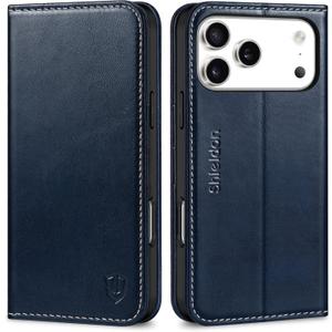 SHIELDON Wallet Case for iPhone 17 Pro Max 6.9-inch 2025 | Genuine Leather, Folio, RFID Blocking Credit Card Holder, Kickstand, Magnetic, Shockproof Protective Cover - Retro Dark Blue