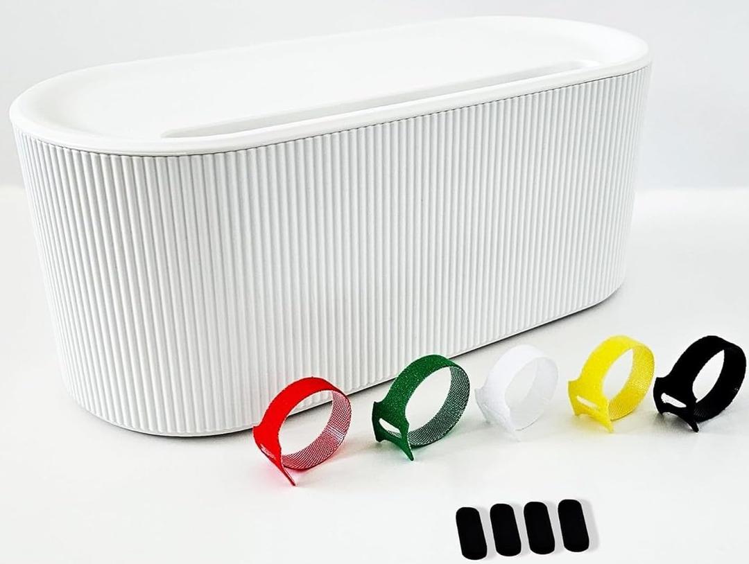 Cable Management Box with 5 Multicolored Cable Ties and 4 Antislip Pads | Cord Management Box 12.4" (L) x 5.1" (W) x 4.8" (H) Cord Organizer Box, Cable Organizer with Easy Access Holes
