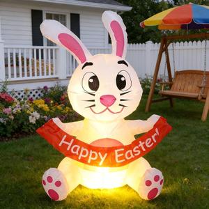 Easter Inflatable Outdoor Decoration Inflatables Bunny with Basket and Eggs Blow Up Yard Decorations Built-in LED Lights Home Party Decoration (Pink Bunny)
