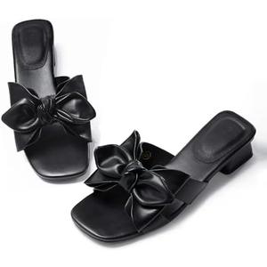 Womens Bow Dressy Low Heel Sandals Slides Summer Chunky Block Heeled Open Toe Mules Slip on Slippers Shoes Size 11