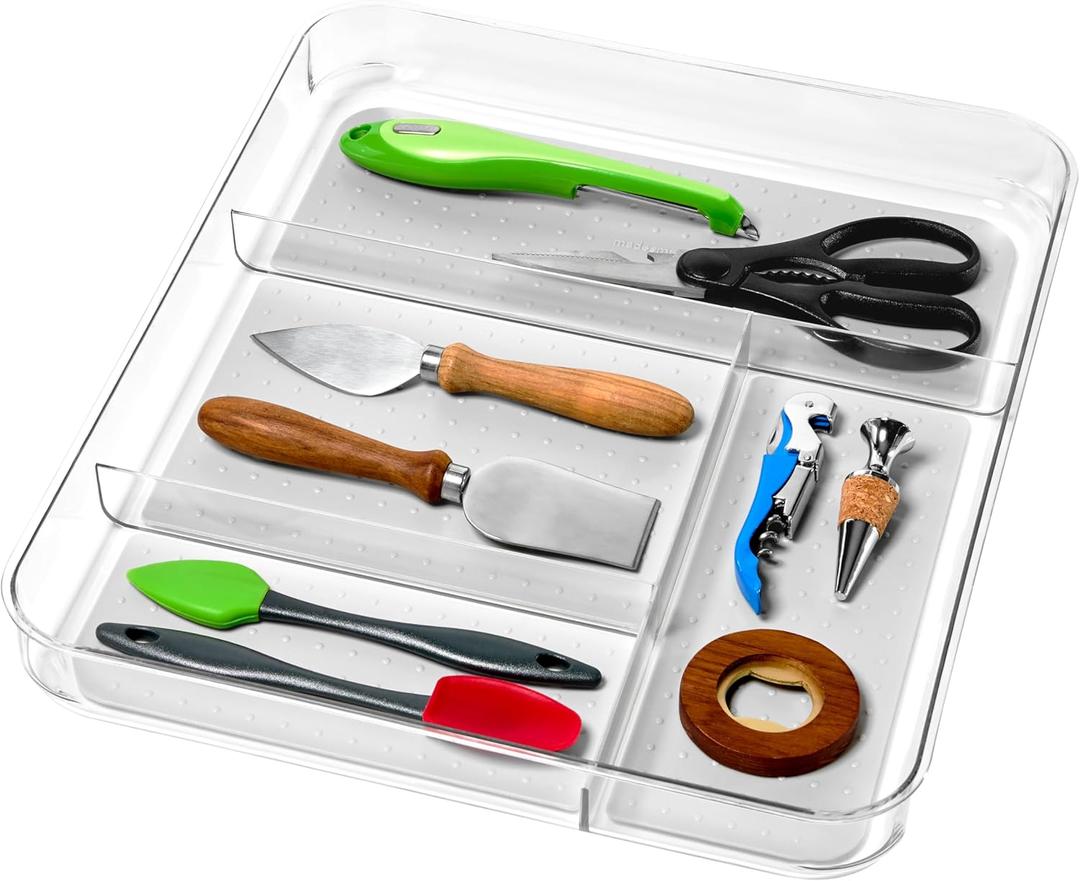 Madesmart Premium 4 Compartment Drawer Organizer, Multi Purpose Storage for Utensils, Office Tools, Cords, & Small Household Items, Tech Accessories, Arts & Crafts Supplies, Non Slip Lining, Clear