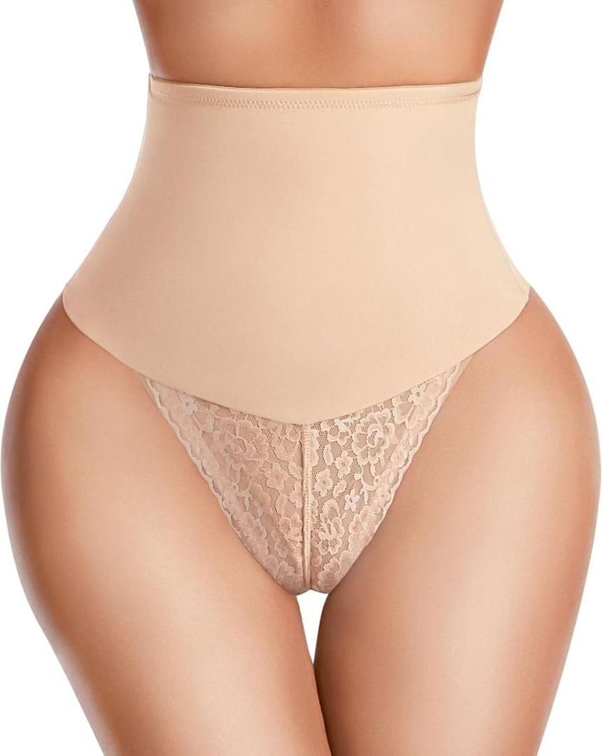 Dulchany Tummy Control Thong Shapewear for Women High Seamless Panties Body Shaper Girdle Panty Lace Shaping Underwear (Small, Beige)
