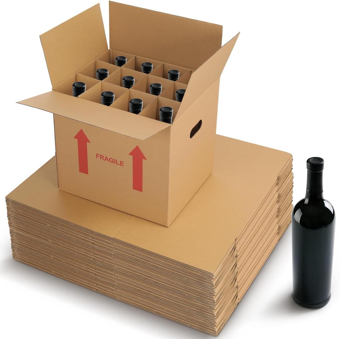 Tatuo 30 Pack Wine Box for Moving, 12 Bottle, with Divider, 14 x 12 x 13 in | Liquor Shipping Packing Box Bulk, Corrugated Cardboard, Reinforced Bottom, Break Resistant, Heavy Duty, Cellar Storage