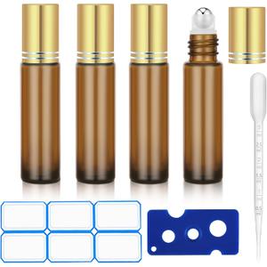 4 Pack of 0.34 Oz (10ml) Essential Oil Roller Bottles - Refillable, Leak-proof Amber Glass Roll-on Bottles with Stainless Steel Roller Balls, Metal Caps, and Labels Included