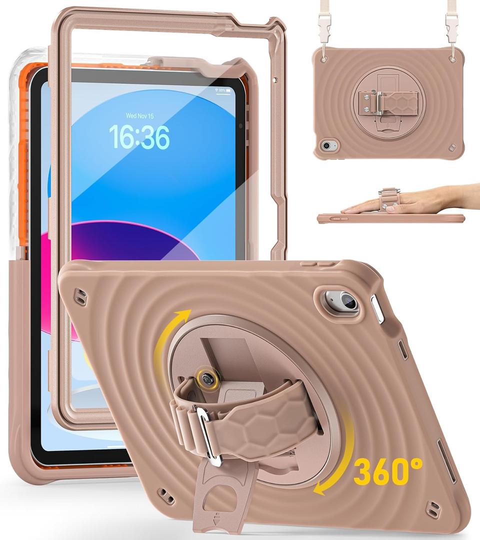 BRAECN Ripple Case for iPad (A16) 11th/10th Generation 11''/10.9'' 2025/2022,4 Layers Military-Grade Full Body Protection,Screen Protector,360 Rotating Handle, Kickstand,Shoulder Strap,Kids-Friendly (Latte)