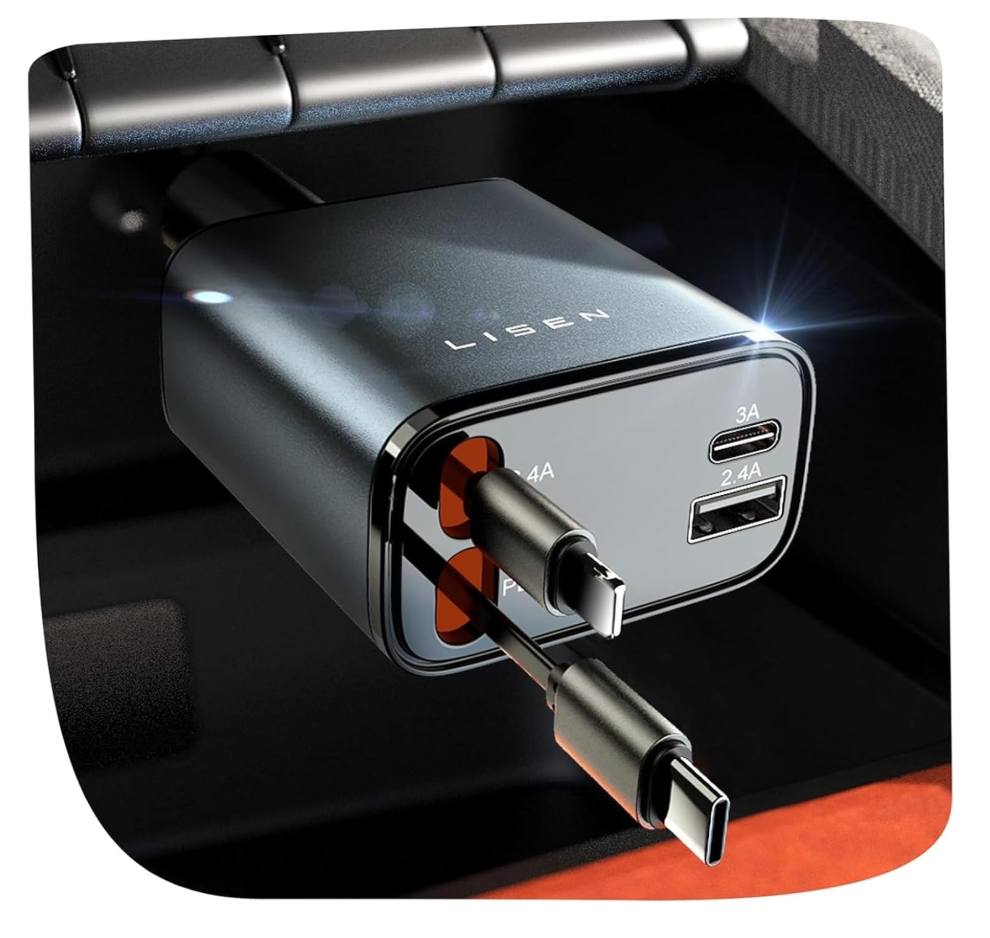 LISEN Retractable Car Charger, for Gifts for Him Her, 69W Cars Adapter USB C Fast Charger for iPhone 1711, Car Accessories Gadgets for Men, Anniversary Birthday Gifts for Men Women, for Samsung