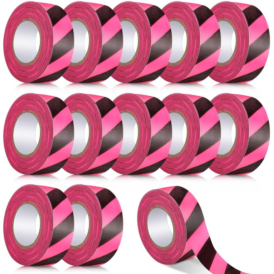 Blosssound 12 Pack Flagging Tape with Pink Black Stripes 1 inch x 1800ft Marking Ribbon Non Adhesive Plastic Surveyors Tape for Hunting Trail Hazardous Areas Halloween Party Decors
