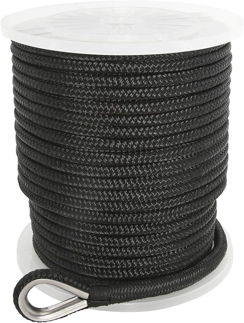 NovelBee 1/2 Inch X 250 Feet Double Braid Nylon Anchor Line with Stainless Steel Thimble and Plastic Chuck (Black)