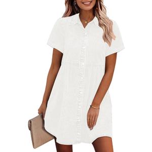 GRAPENT Denim Dress for Women Babydoll Tiered Short Sleeve Button Down Jean Shirt Dresses (White, L)