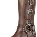 DREAM PAIRS Women's Knee High Riding Boots Slip On Motorcycle Boots Square Toe Chunky Heel Fashion Buckles Biker Boots (7, Tan)