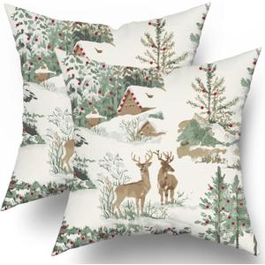 Winter Pillow Covers 18x18 Set of 2 Rustic Deer Tree Cabin Brown Auqa Winter Themed Style Forest Print Decorative Outdoor Pillowcases Christmas Farmhouse Throw Cushion Case Decor for Couch Sofa Bed (White)
