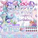 Mermaid Birthday Decorations, 213Pcs Mermaid Party Supplies Include Tablecloth, Plates, Napkins, Cups, Banner, Backdrop, Balloons, Hanging Swirls, Cake & Cupcake Toppers for Girls Birthday Party