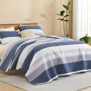 Litanika Quilt King Size Mineral Blue, Stripe Patchwork Summer Bedspread Coverlet 3 Pieces, Soft Lightweight Polyester Quilted Bedding Set for All Season(1 Quilt, 2 Pillowcases)