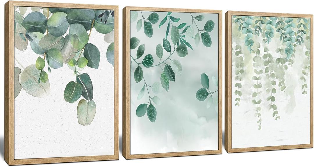 Botnical Canvas Wall Art, Boho Plant Wall Decor Pictures Posters for Bedroom, Minimalist Floral Artwork Prints for Living Room, Sage Green Leaf Painting for Bathroom Office Decorations 12"x16"x3 Pcs (12"x16" x 3 Natural Wood Framed, Minimalist Artwork - D)