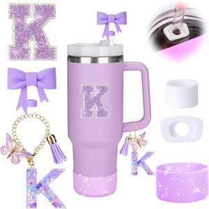 MOTEERLLU 6pcs Purple Stanley Cup Accessories Set,Bow Straw Cover for Stanley Cup 30oz 40oz, Including Straw Topper,Spill Proof Stopper,Sparkly Silicone Boot Set,Handle Charm,Initials Sticker (K)