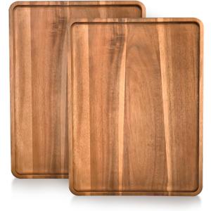 2 Pcs Acacia Wood Serving Tray, Rectangular Wooden Serving Platters Charcuterie Board, Large Wood Kitchen Display Tray for Food, Cookie, Dessert, Fruit, Snack, Vegetable, 16.6" x 12.6" x 0.6"