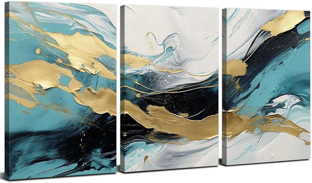 Abstract Teal Canvas Wall Art Bedroom Decor Set of 3 Abstract Gold Line Ink Prints Picture Bathroom Artwork 12x16", Abstract Turquoise Glitter Splash Modern Framed Painting for Living Room Decoration