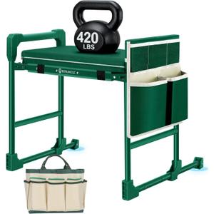 Garden Kneeler and Seat for Seniors: Heavy Duty 420 LBS Support Anti-Tip Multifunctional Gardening Stool Bench with Widened Thick Soft Kneeling Pad & Tool Bag - Foldable for Gardeners