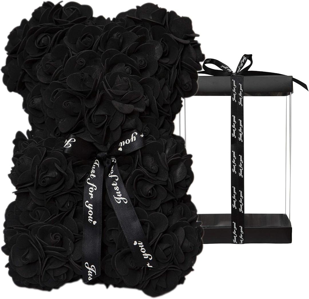 DuHouse 10 inch Rose Bear Artificial Plant for Anniversary, Birthdays, Bridal Showers - Fully Handmade, Unique Gift Box (Black)