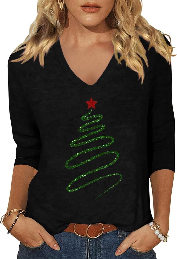 Womens Fall Shirts Halloween V Neck 3/4 Length Sleeve Pumpkin T-Shirts Thanksgiving Graphic Tee Tops (Large, 251116 Black)