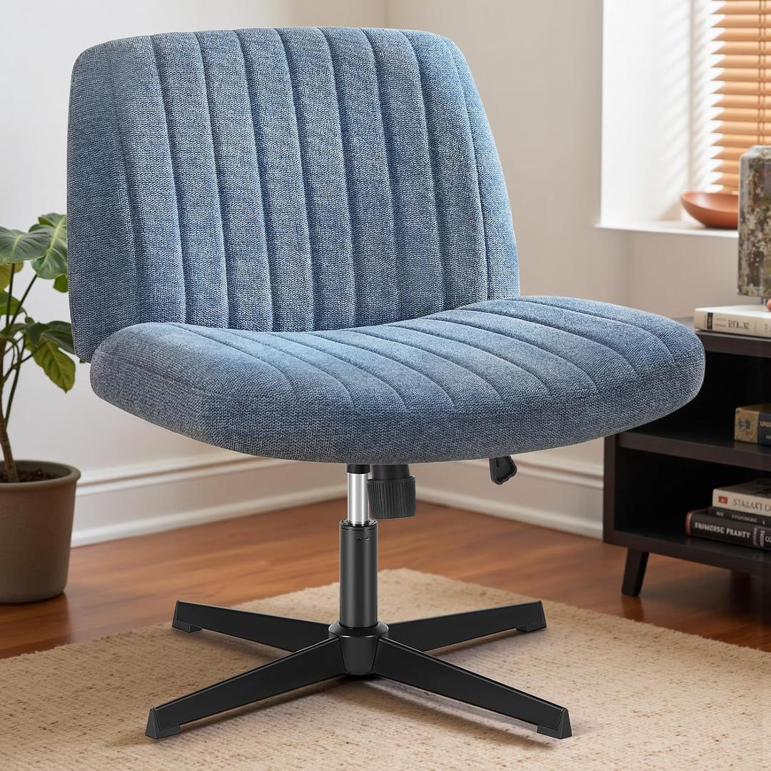 DUMOS Criss Cross Chair Legged Office Wide Comfy Desk Seat, No Wheels Armless Computer Task Seating, Swivel Vanity Home Height Adjustable (Sky Blue Fabric)
