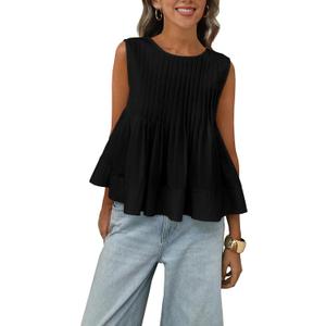 Womens Summer Pleated Peplum Sleeveless Blouse Tank Tops Round Neck Y2K Babydoll Blouse Shirt (X-Small, Black)