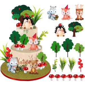 Woodland Animals Cake Topper with Fox Squirrel Hedgehog Sika Deer Mushroom for Woodland Birthday Supplies (Woodland Animals)