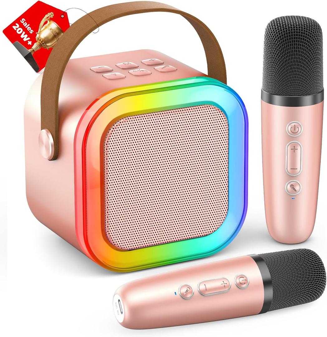Mini Karaoke Machine for Kids Adults, 2025 TOP Christmas Birthday Gifts for Girls 3,4,5,6,7,8+Year Old Toddler Toys, Portable Bluetooth Speaker with 2 Wireless Karaoke Microphones Player(Rose)