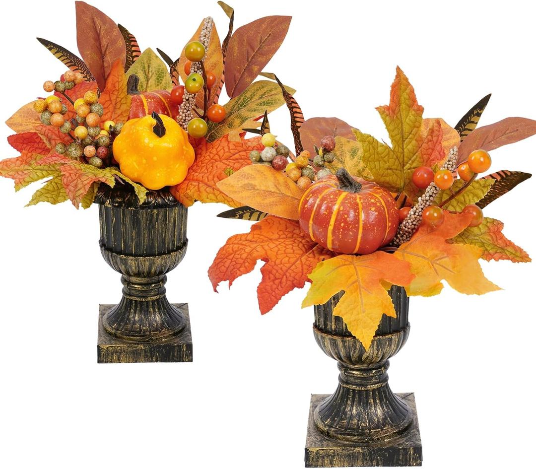 Waipfaru Fall Decor, Fall Decorations for Home，2Pcs Fake Flowers with Plastic Base, Fall Leaves, Thanksgiving Table Decorations, Artificial Fall Flowers for Tabletop, Fall Centerpieces for Tables 