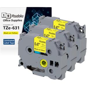 Tze Tz Tape 12mm 0.47 Laminated Yellow Compatible for Brother P Touch Label Maker Tape TZe-631 TZe631 Label Tape for PT D200 D210 D220 D400 Cube, Black on Yellow, 1/2 Inch x 26.2 Feet, 3-Pack