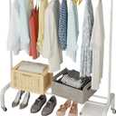 JIUYOTREE Metal Clothing Rack with Wheels, 43.3 Inches Rolling Clothes Garment Coat Rack with Bottom Shelf, Clothing Rack for Hanging Clothes, Coats, Skirts, Shirts, Sweaters, White