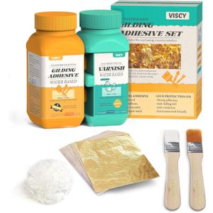 Gold Leaf Adhesive, Gilding Adhesive Set with 100ml Water Based Metal Leaf Glue and 100ml Varnish, 100 pcs Foil, 2 Brushes, Foil Wiping Cotton, for Arts, Crafts and Painting.