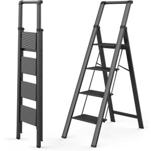 WOA WOA 4 Step Ladder, Ladders for Home, Anti-Slip Pedals, Aluminum Step Stool Foldable, Lightweight to Move, Ease of Storage, Reach 9ft for Closet Kitchen Library, Hold 300lbs - Black