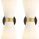 Wall Sconces Set of Two, HWH 14.3 Inch Black and Gold Bathroom Sconces with Frosted Milk White Striped Glass, Up Down Modern Wall Light fixtures for Living Room Bedroom, 5HZG97B-2W-2PK BK+BG