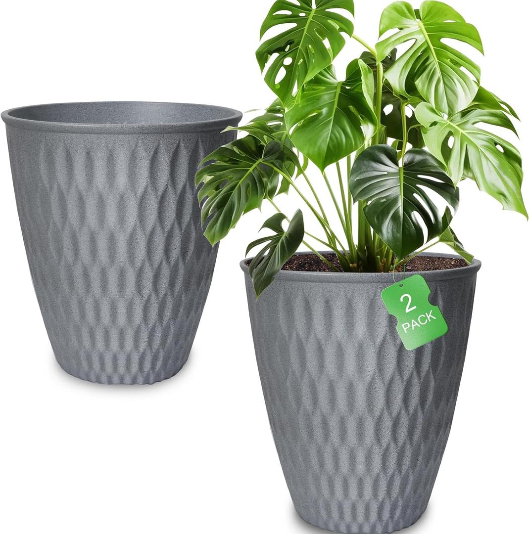 13 Inch Large Plant Pot, 2Pack Big Planter, Matte Grey Durable Lightweight Flower Pot Garden Containers for Indoor and Outdoor Plants, Porch, Patio, Backyard, Room & Office Dcor