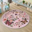 Floral Round Rug 4ft - Washable Circle Rug Soft Large Circle Carpet for Bedroom Living Room Kitchen Nursery, Pink