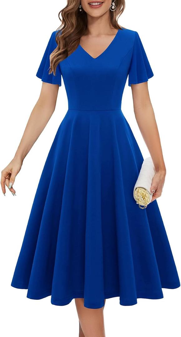 Bridesmay Women's Cocktail Dresses A-Line Midi Wedding Guest Dress for Tea Party-Holiday Party (Blue, L)