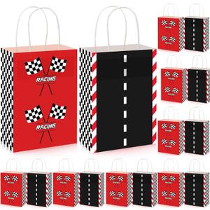 Gersoniel 16 Pcs Race Car Party Favor Bags Car Racing in Speed Birthday Party Supplies Goodie Gift Treat Bags with Handles for Checkered Flag Racing Track Race Theme Two Fast Birthday Baby Shower
