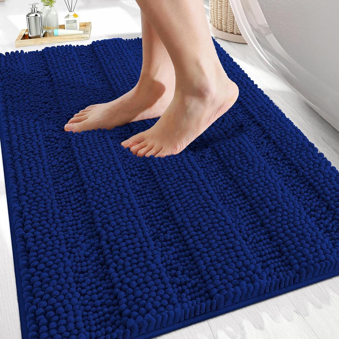 OLANLY Thick Bathroom Rugs 30x20, Extra Soft Absorbent Chenille Striped Bath Rugs, Rubber Backing, Machine Wash Dry, Bath Mats for Bathroom Floor, Tub and Shower, Home Decor Accessories, Navy